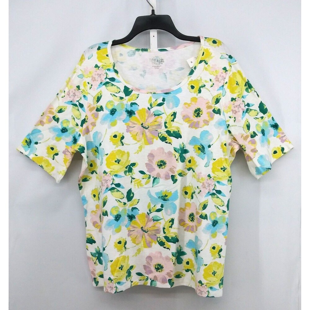 Time & Tru Shirt Womens Plus Size 2XL White Floral Short Sleeve Pullover Top